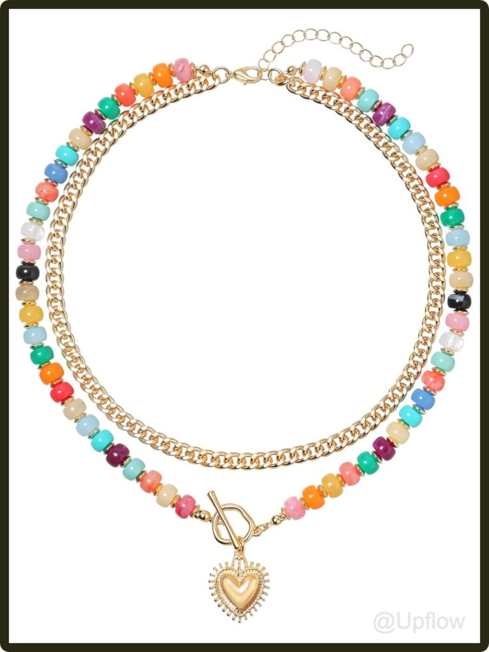 Women's Layered Beaded Choker Necklace Heart Pendant 14k Gold Plated Boho Y2K
